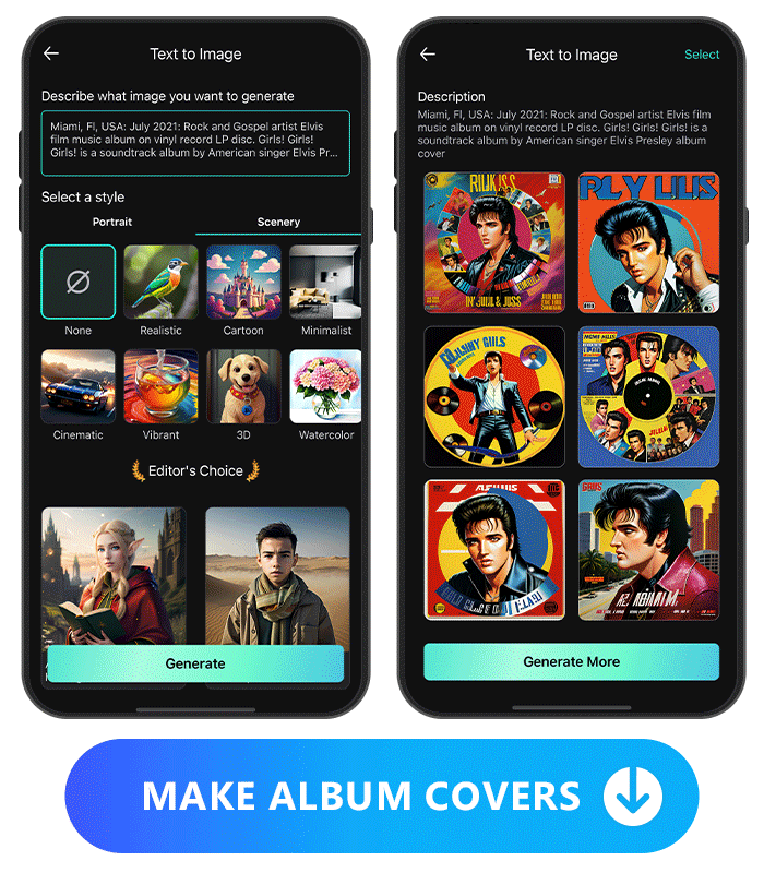 text to image UI of PhotoDirector with prompts at left side and generated album cover at the right side